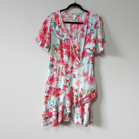 B.o.g Collective Mini Dress Faux Wrap Ruffles Floral Tiered Flounce Medium - Picture 2 of 14